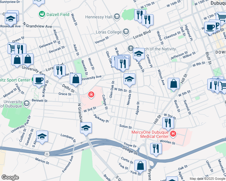 map of restaurants, bars, coffee shops, grocery stores, and more near 392 Glen Oak Street in Dubuque