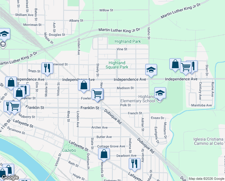 map of restaurants, bars, coffee shops, grocery stores, and more near 136-144 Monroe Street in Waterloo