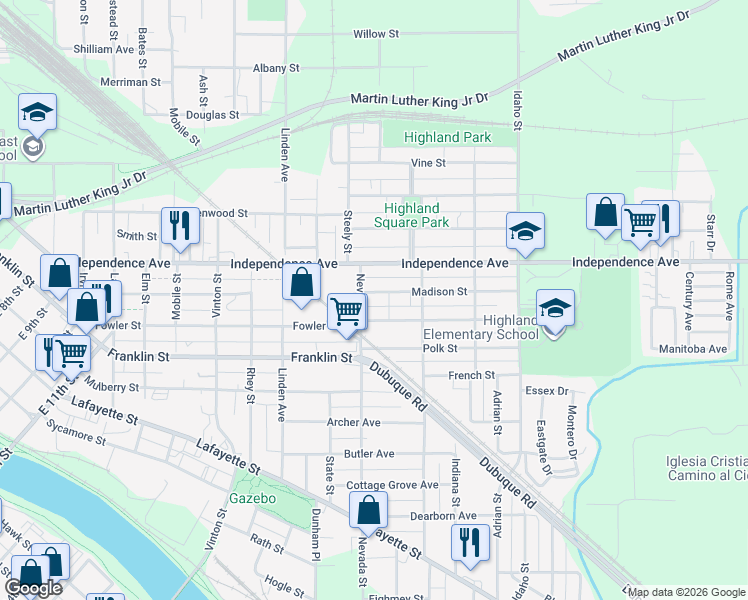 map of restaurants, bars, coffee shops, grocery stores, and more near 100-114 Monroe Street in Waterloo