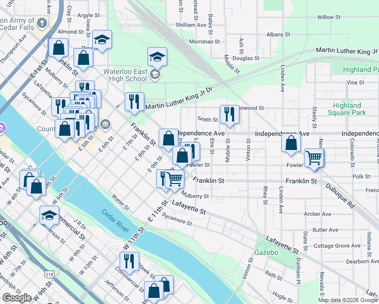 map of restaurants, bars, coffee shops, grocery stores, and more near 1129-1133 Franklin Street in Waterloo