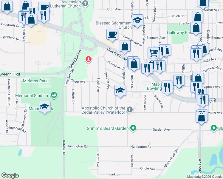 map of restaurants, bars, coffee shops, grocery stores, and more near 1224 Sheldon Street in Waterloo