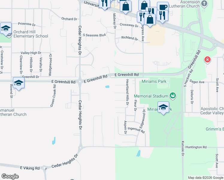 map of restaurants, bars, coffee shops, grocery stores, and more near 4045-4049 Mark Drive in Waterloo