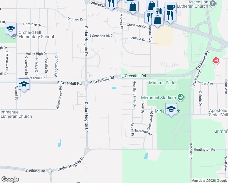 map of restaurants, bars, coffee shops, grocery stores, and more near 4054 Jill Drive in Waterloo