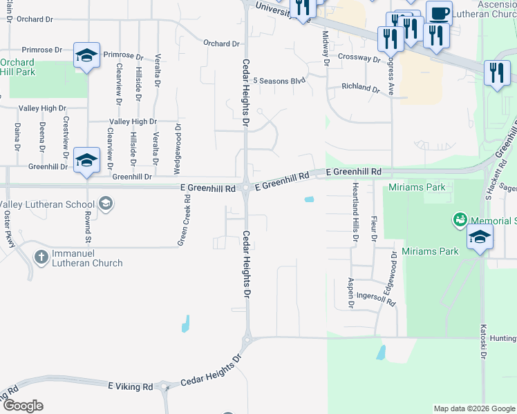 map of restaurants, bars, coffee shops, grocery stores, and more near 4601 Cedar Heights Dr in Cedar Falls