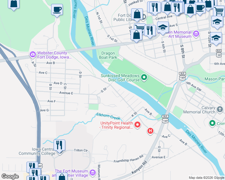 map of restaurants, bars, coffee shops, grocery stores, and more near 733 F Street in Fort Dodge