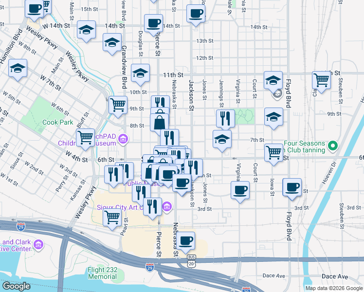 map of restaurants, bars, coffee shops, grocery stores, and more near in Sioux City