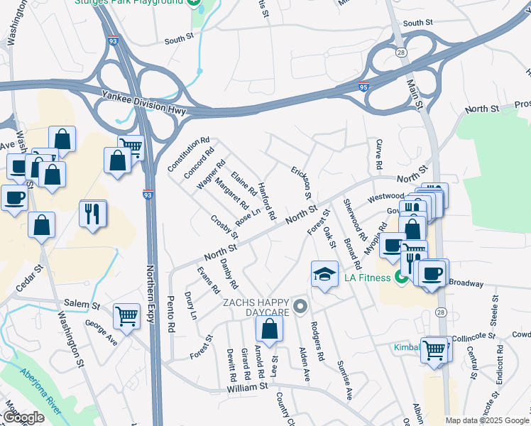 map of restaurants, bars, coffee shops, grocery stores, and more near 174 North Street in Stoneham