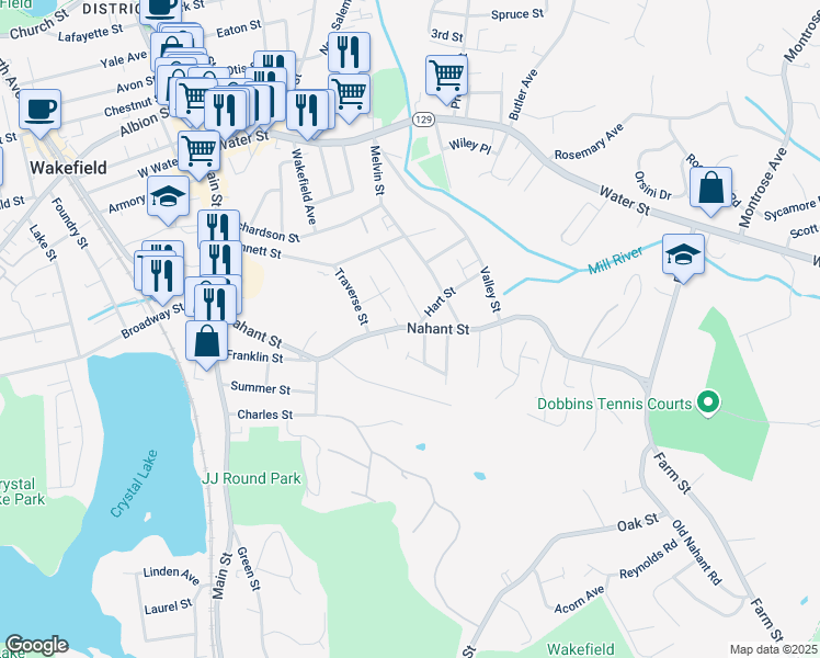 map of restaurants, bars, coffee shops, grocery stores, and more near 127 Nahant Street in Wakefield