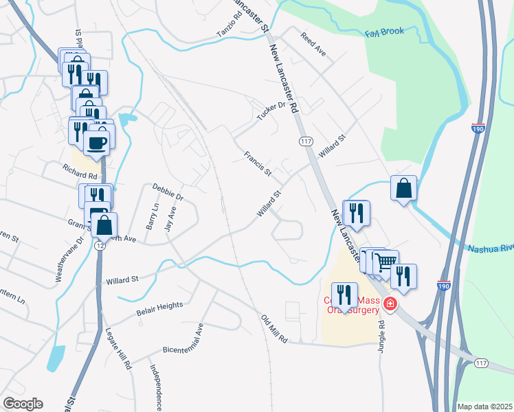 map of restaurants, bars, coffee shops, grocery stores, and more near 183 Willard Street in Leominster