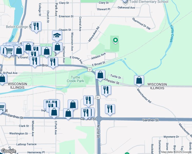 map of restaurants, bars, coffee shops, grocery stores, and more near 178 U.S. 51 in Beloit