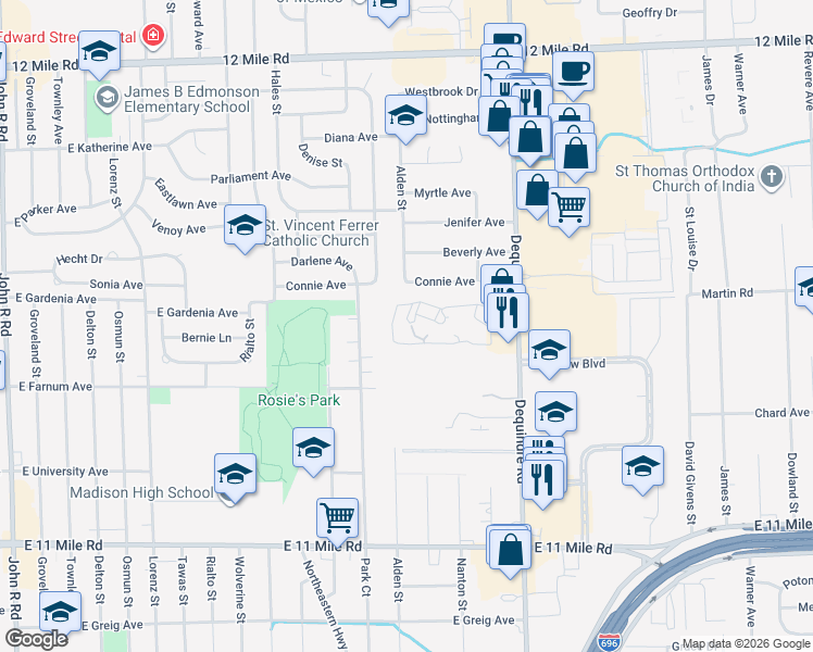 map of restaurants, bars, coffee shops, grocery stores, and more near 27795 Dequindre Road in Madison Heights