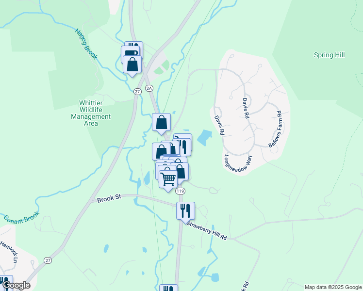 map of restaurants, bars, coffee shops, grocery stores, and more near 289 Great Road in Acton