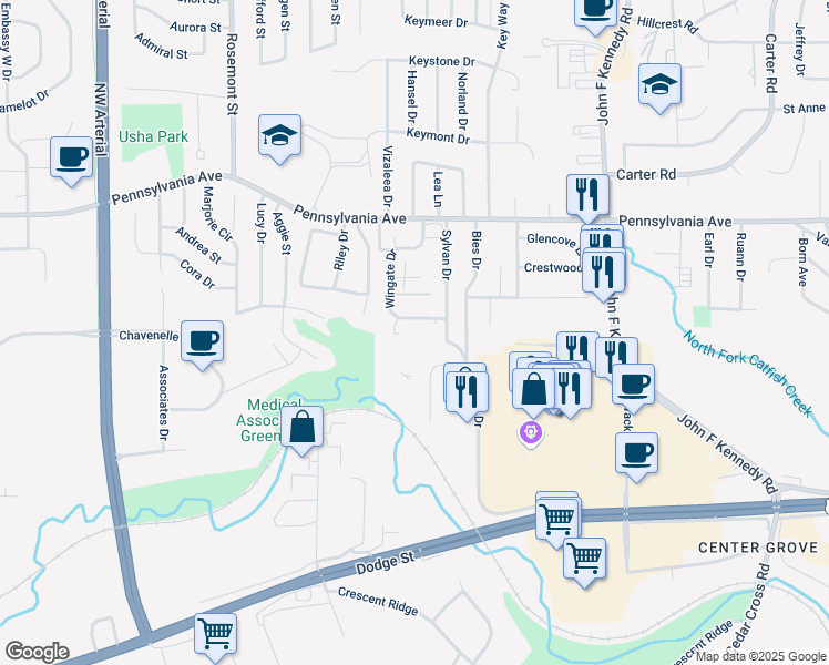 map of restaurants, bars, coffee shops, grocery stores, and more near 1401 Wingate Drive in Dubuque