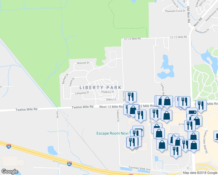map of restaurants, bars, coffee shops, grocery stores, and more near 29748 Middleton Drive in Novi