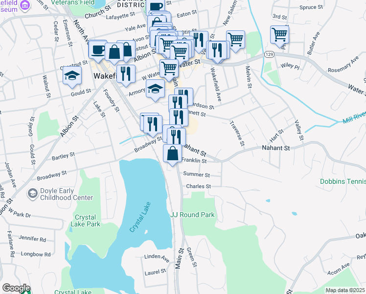 map of restaurants, bars, coffee shops, grocery stores, and more near 15 Nahant Street in Wakefield