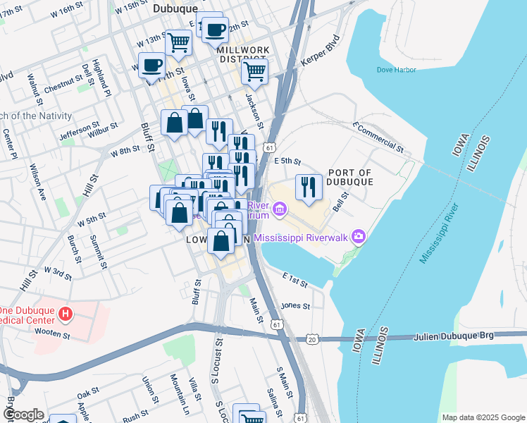 map of restaurants, bars, coffee shops, grocery stores, and more near Ice Harbor Drive in Dubuque