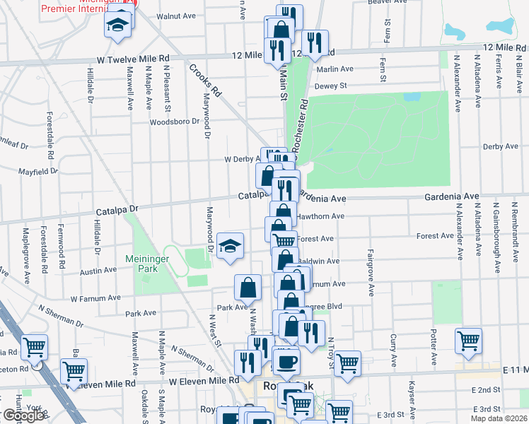 map of restaurants, bars, coffee shops, grocery stores, and more near 111 Catalpa Drive in Royal Oak