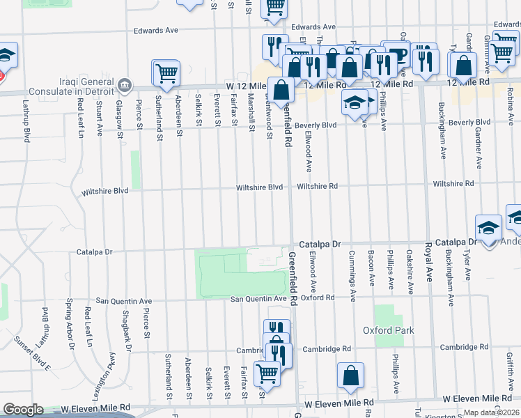 map of restaurants, bars, coffee shops, grocery stores, and more near 28300 Marshall Street in Southfield