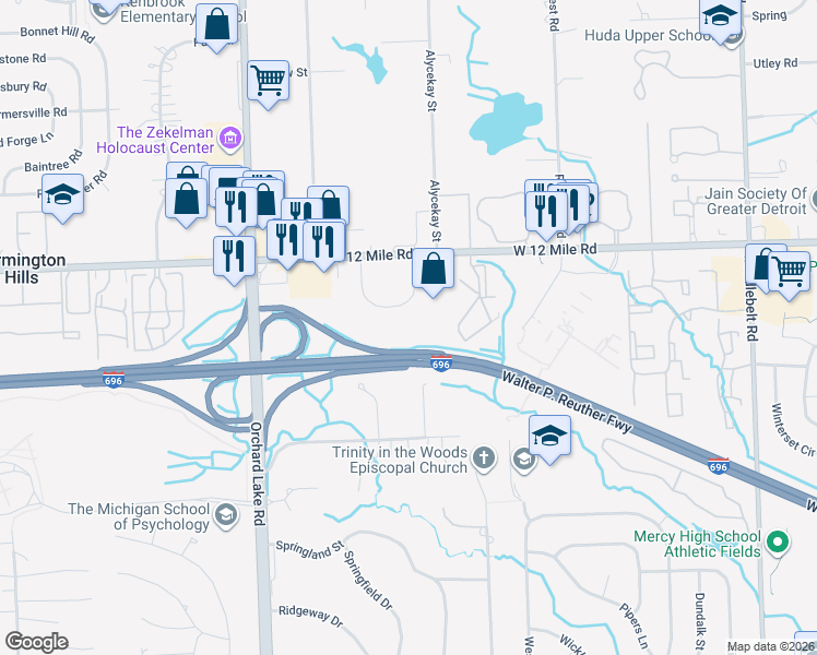map of restaurants, bars, coffee shops, grocery stores, and more near 27755 Stansbury Street in Farmington Hills