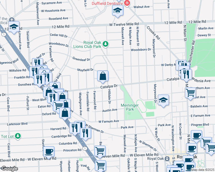 map of restaurants, bars, coffee shops, grocery stores, and more near 1113 Lawndale Drive in Royal Oak
