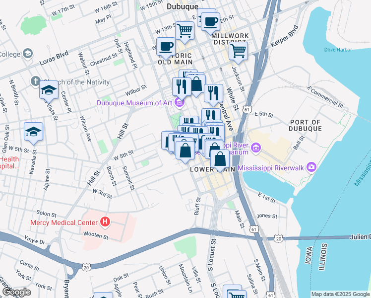 map of restaurants, bars, coffee shops, grocery stores, and more near 504 Bluff Street in Dubuque