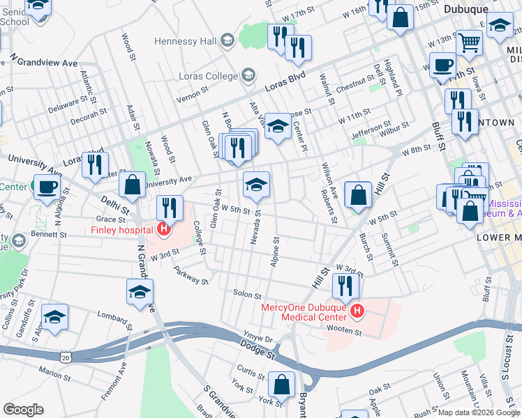 map of restaurants, bars, coffee shops, grocery stores, and more near 767 Nevada St in Dubuque