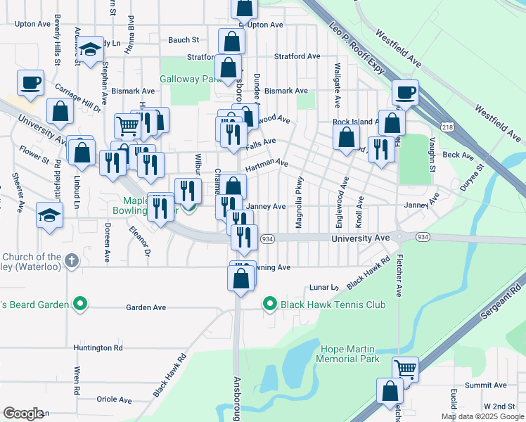 map of restaurants, bars, coffee shops, grocery stores, and more near 1040 Dundee Avenue in Waterloo