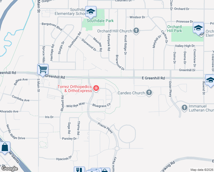 map of restaurants, bars, coffee shops, grocery stores, and more near Greenhill Road Trail in Cedar Falls