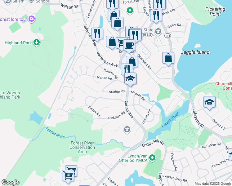 map of restaurants, bars, coffee shops, grocery stores, and more near 3 Sumner Road in Salem