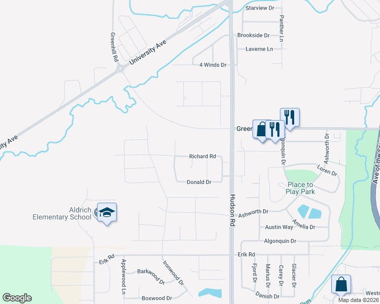 map of restaurants, bars, coffee shops, grocery stores, and more near 1899 Greenhill Road in Cedar Falls