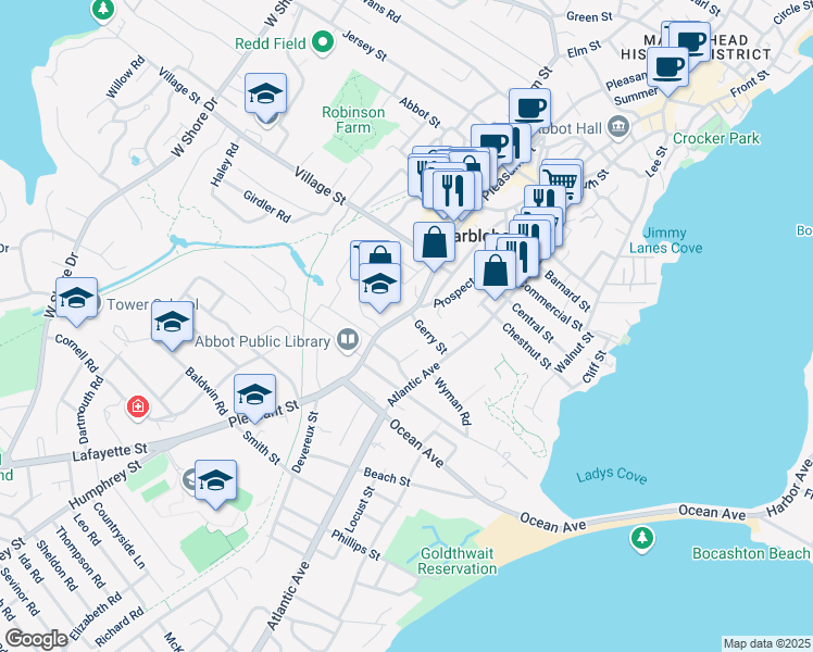 map of restaurants, bars, coffee shops, grocery stores, and more near 218 Pleasant Street in Marblehead