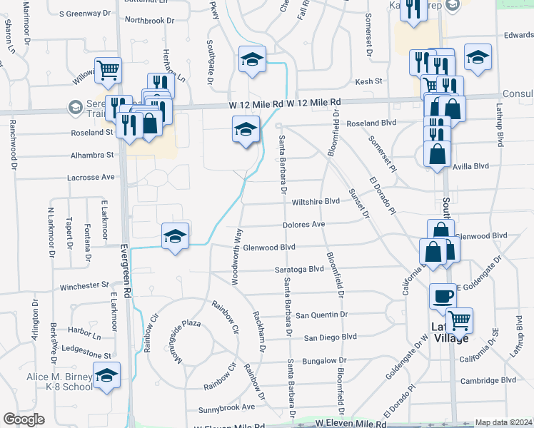 map of restaurants, bars, coffee shops, grocery stores, and more near 19061 Wiltshire Boulevard in Lathrup Village