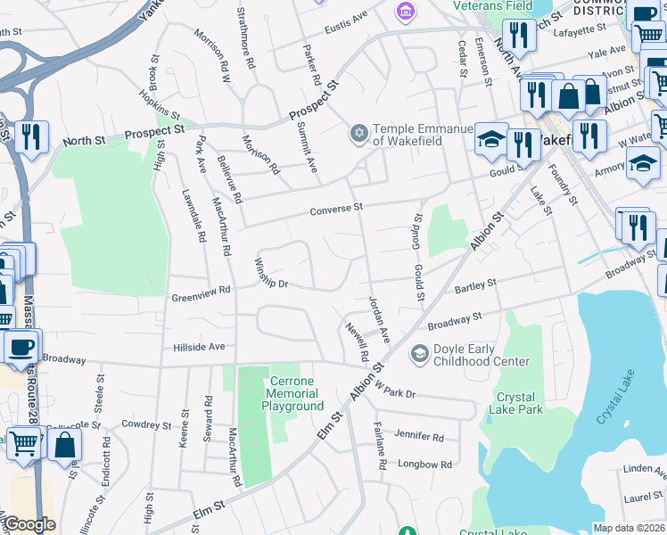 map of restaurants, bars, coffee shops, grocery stores, and more near 16 Mansion Road in Wakefield
