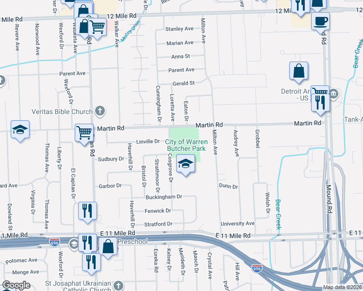 map of restaurants, bars, coffee shops, grocery stores, and more near 4700 Martin Road in Warren
