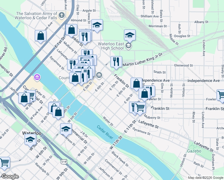 map of restaurants, bars, coffee shops, grocery stores, and more near 841-899 Mulberry St in Waterloo