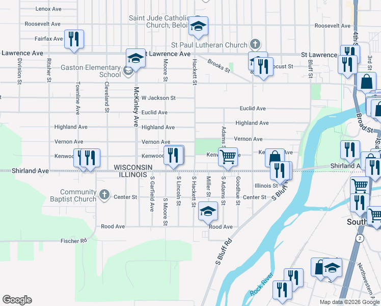 map of restaurants, bars, coffee shops, grocery stores, and more near 1131 Vernon Avenue in Beloit