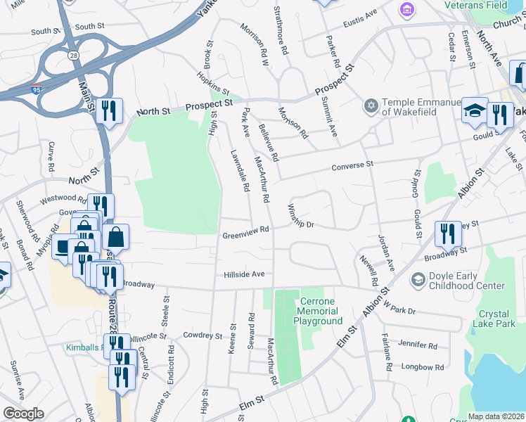 map of restaurants, bars, coffee shops, grocery stores, and more near 103 Macarthur Road in Stoneham