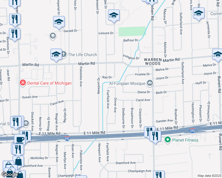 map of restaurants, bars, coffee shops, grocery stores, and more near 12917 Jan Drive in Warren