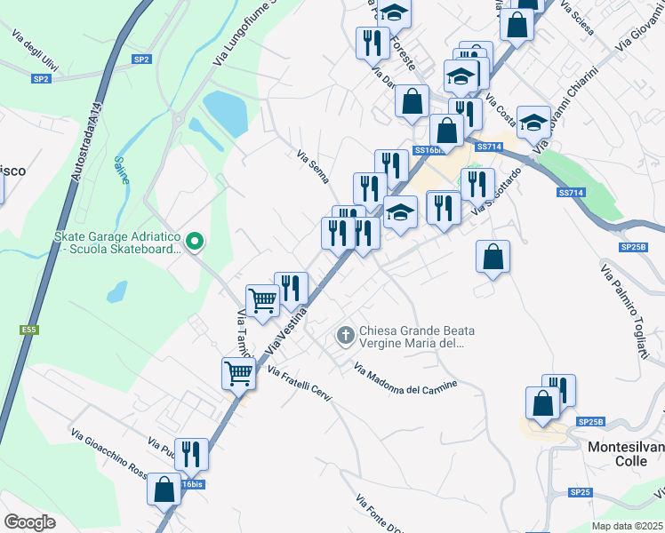 map of restaurants, bars, coffee shops, grocery stores, and more near 464 Via Vestina in Montesilvano