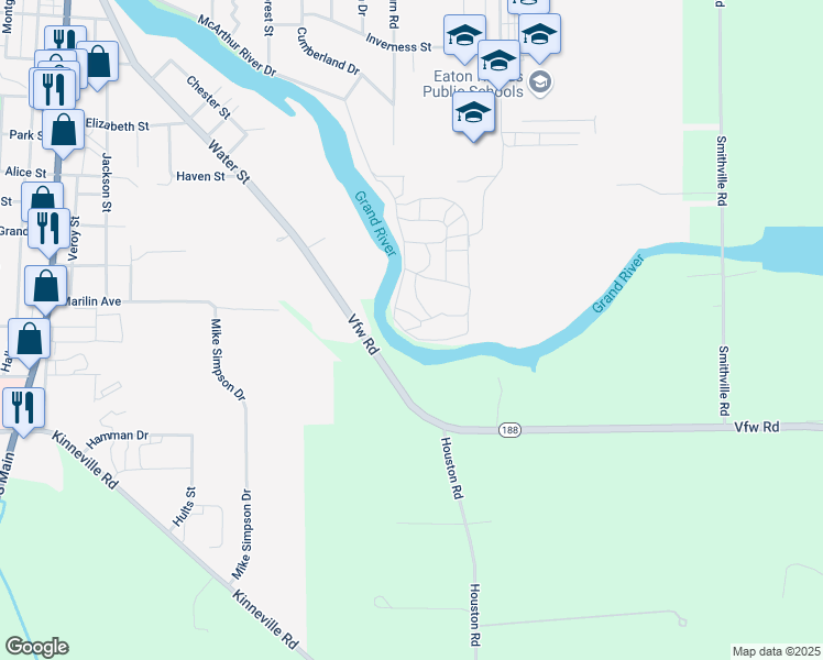 map of restaurants, bars, coffee shops, grocery stores, and more near 1707 Grand River Drive in Eaton Rapids