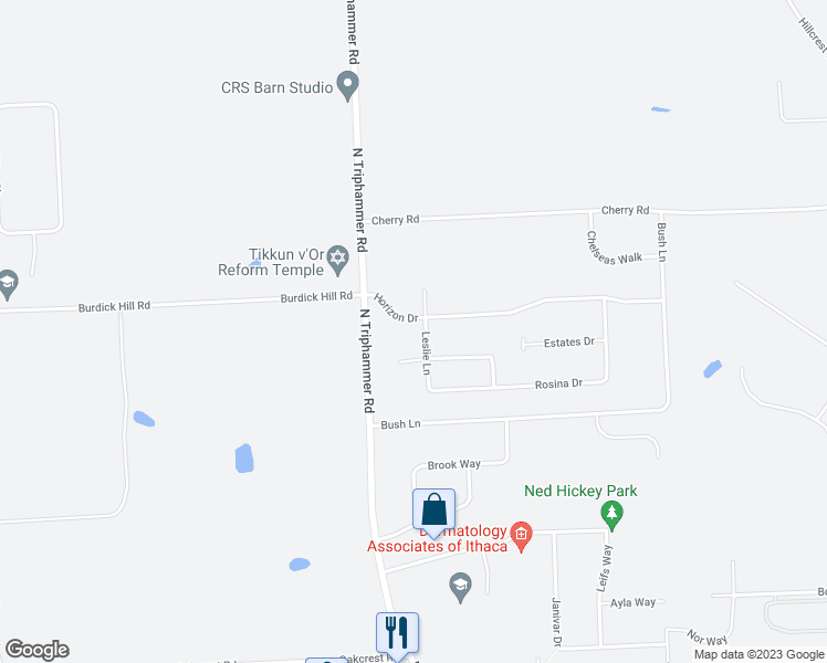 map of restaurants, bars, coffee shops, grocery stores, and more near 1 Leslie Lane in Ithaca