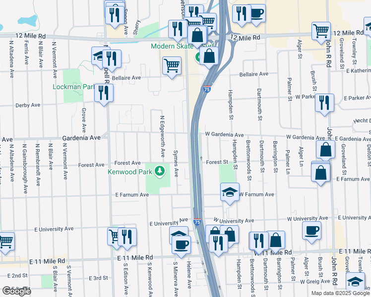 map of restaurants, bars, coffee shops, grocery stores, and more near 905 North Stephenson Highway in Royal Oak