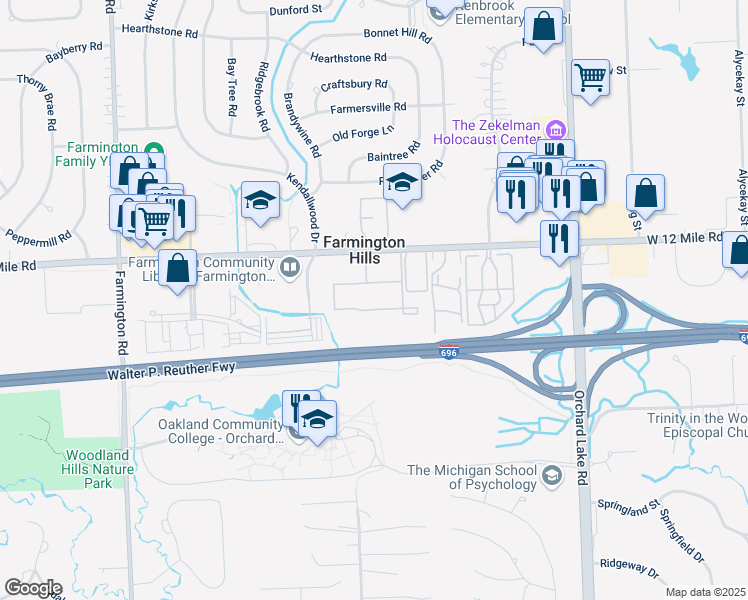 map of restaurants, bars, coffee shops, grocery stores, and more near 27712 Rudgate Boulevard in Farmington Hills
