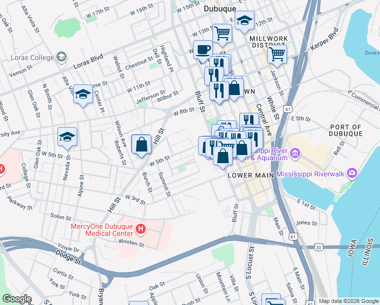 map of restaurants, bars, coffee shops, grocery stores, and more near 509 West 5th Street in Dubuque
