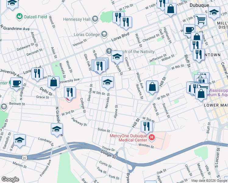 map of restaurants, bars, coffee shops, grocery stores, and more near 670 Alpine Street in Dubuque