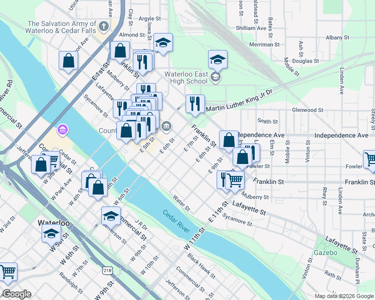 map of restaurants, bars, coffee shops, grocery stores, and more near 841-899 Mulberry St in Waterloo