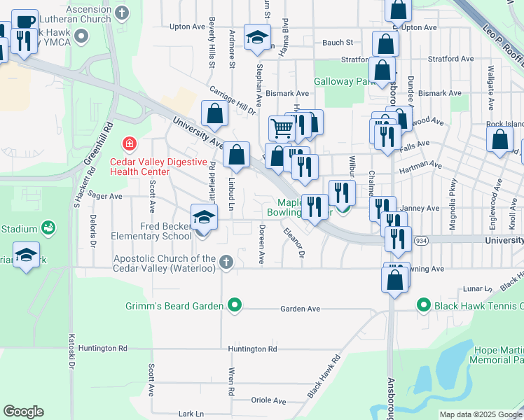 map of restaurants, bars, coffee shops, grocery stores, and more near 1110 Doreen Avenue in Waterloo