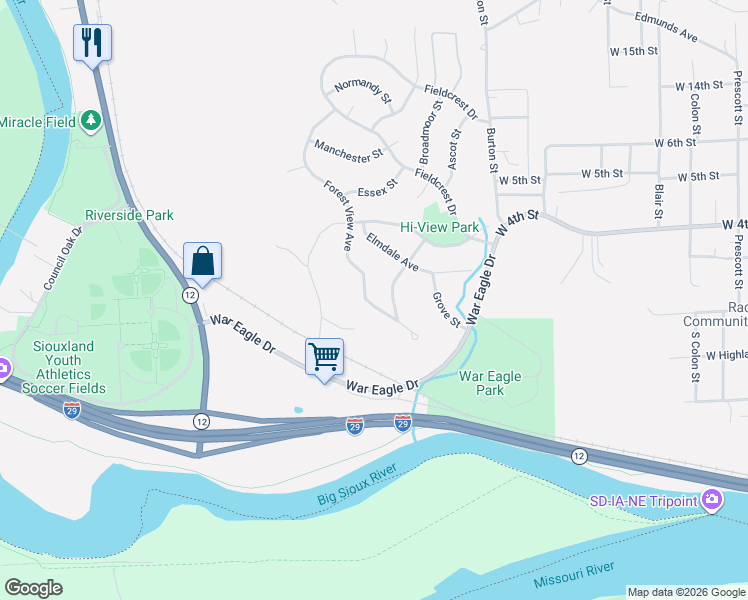 map of restaurants, bars, coffee shops, grocery stores, and more near 3800-4098 Forest View Avenue in Sioux City