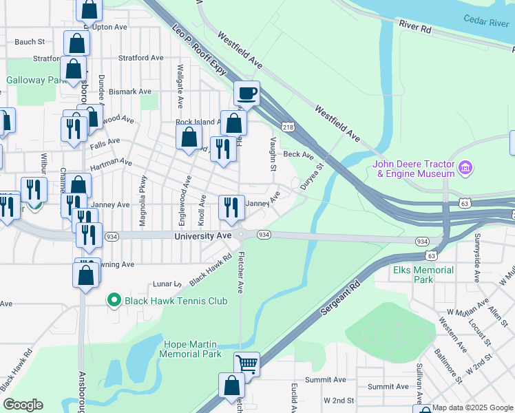 map of restaurants, bars, coffee shops, grocery stores, and more near 1621 Falls Avenue in Waterloo