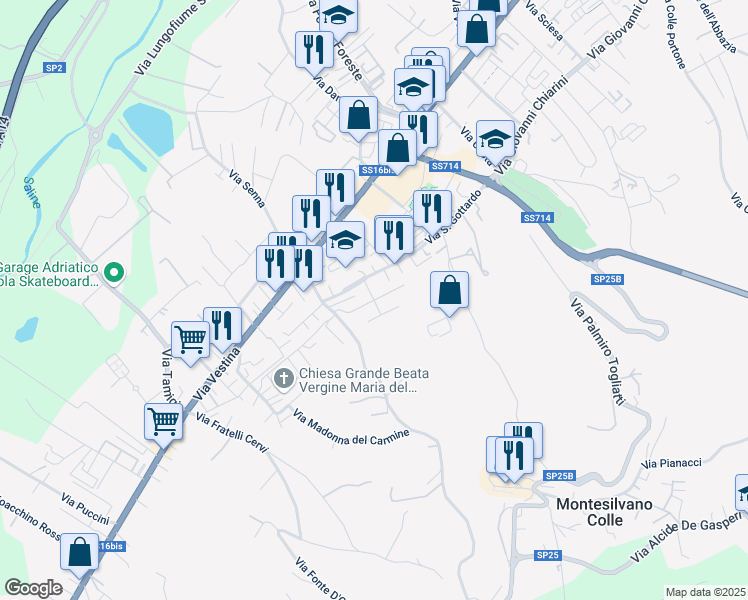 map of restaurants, bars, coffee shops, grocery stores, and more near Via Filippo Turati in Montesilvano